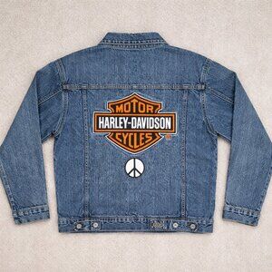 Harley-Davidson Denim Trucker Jean Jacket Peace Sign Back Patch Y2K Moto